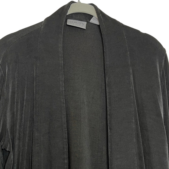 Chicos Travelers Womens Open Front Cardigan Small Gray Slinky Knit Peplum Hem - Picture 3 of 6